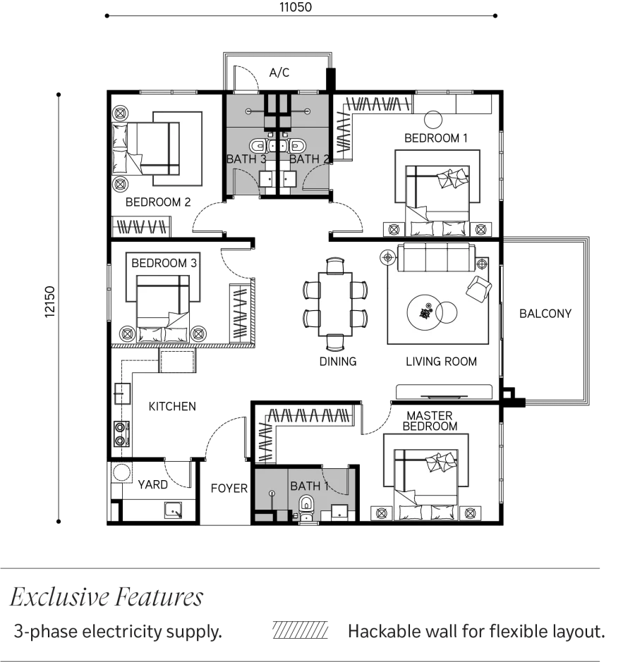 Tangen Residences Type A floor plan — 1,582 sq ft, 4 bedrooms, hackable wall