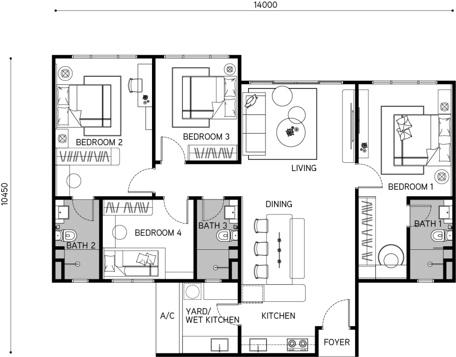 Tangen Residences Type B floor plan — 1,281 sq ft, 4 bedrooms