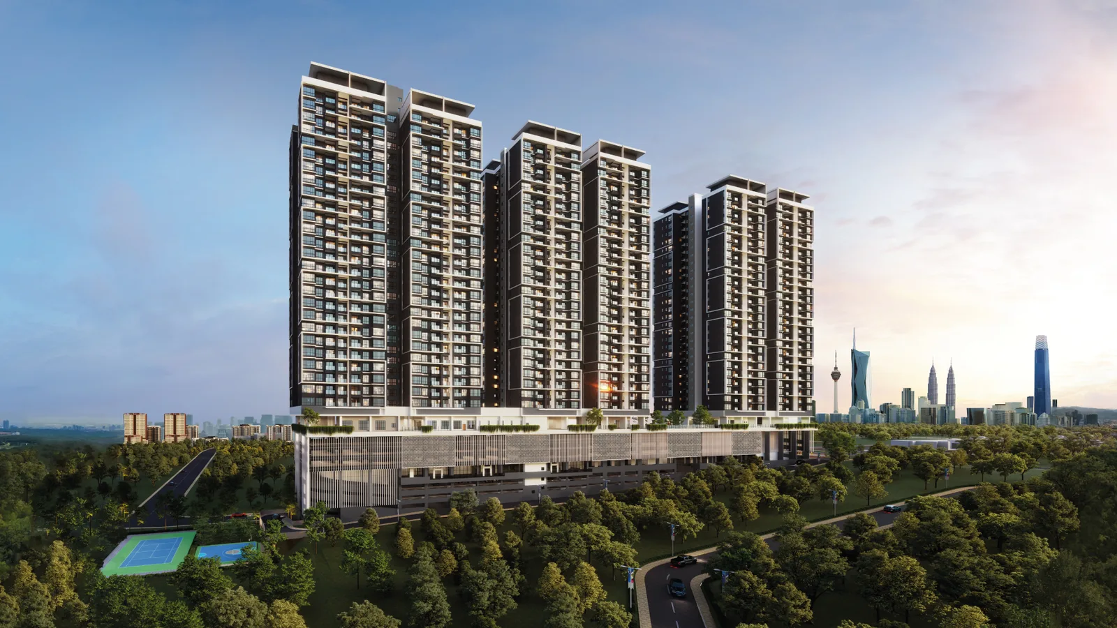 The Atas @ Taman Desa — three towers with the Kuala Lumpur skyline in view