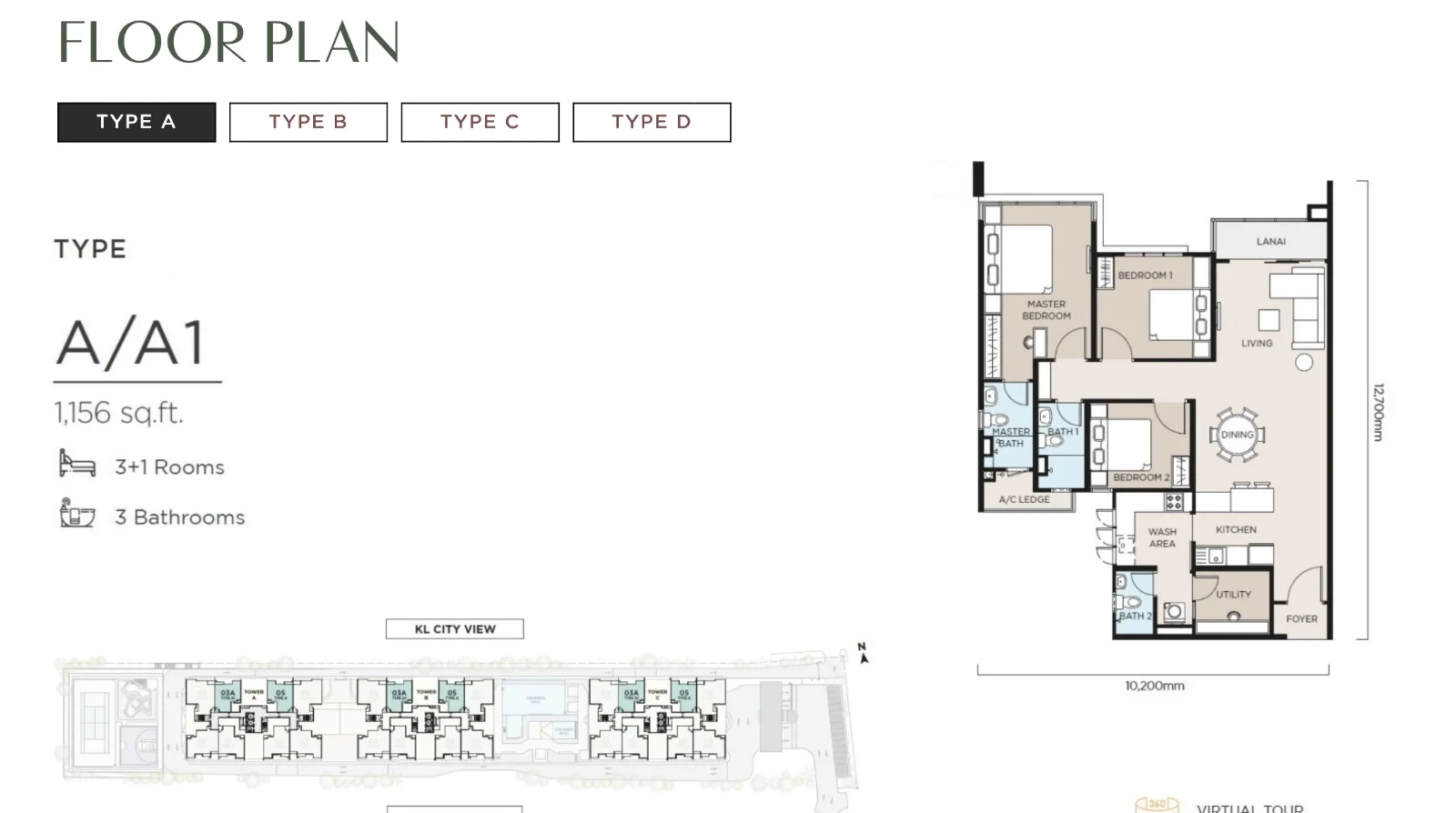 The Atas @ Taman Desa Type A floor plan — 1,156 sq ft, 3+1 bedrooms