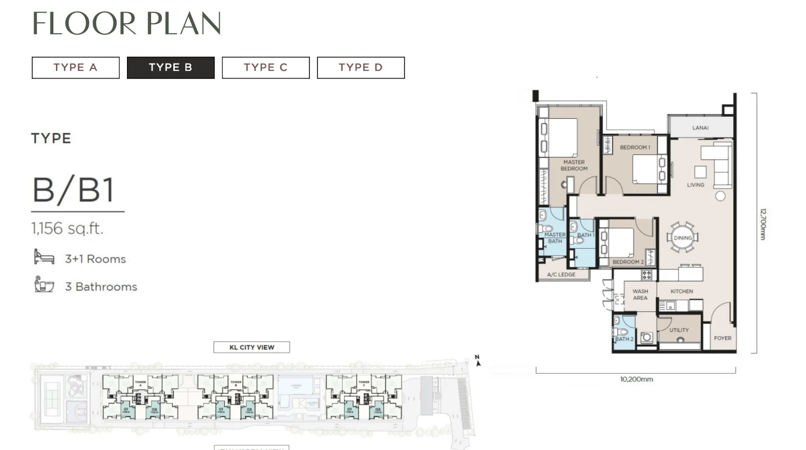 The Atas @ Taman Desa Type B floor plan — 1,156 sq ft, 3+1 bedrooms, mirrored layout