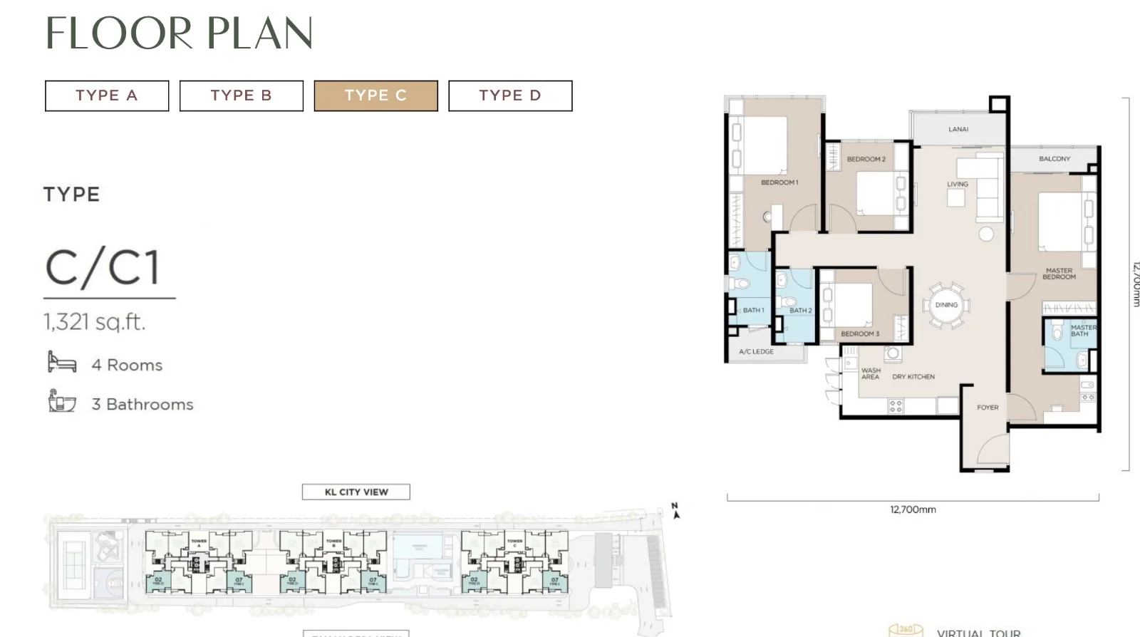 The Atas @ Taman Desa Type C floor plan — 1,321 sq ft, 4 bedrooms