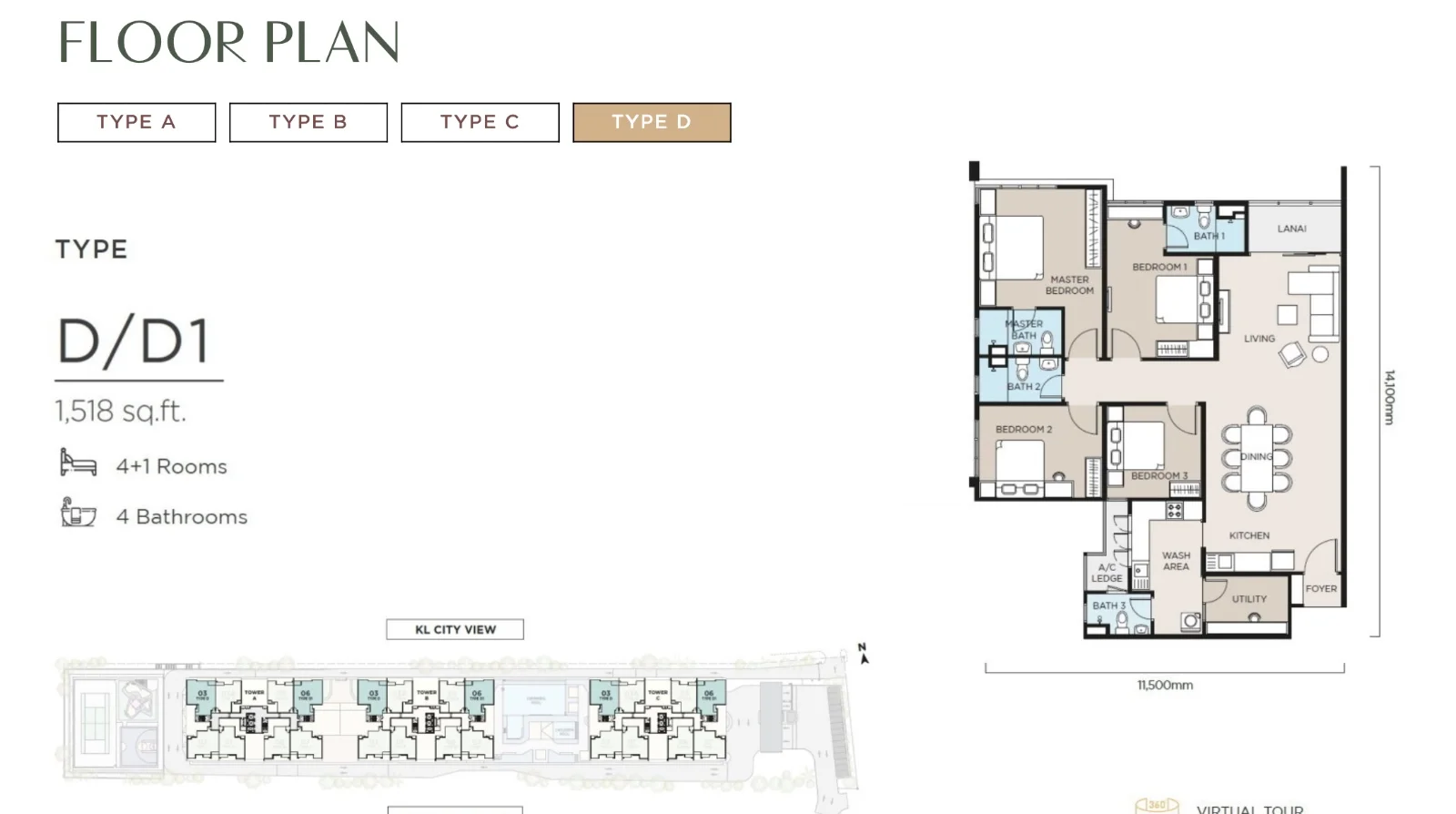The Atas @ Taman Desa Type D floor plan — 1,518 sq ft, 4+1 bedrooms