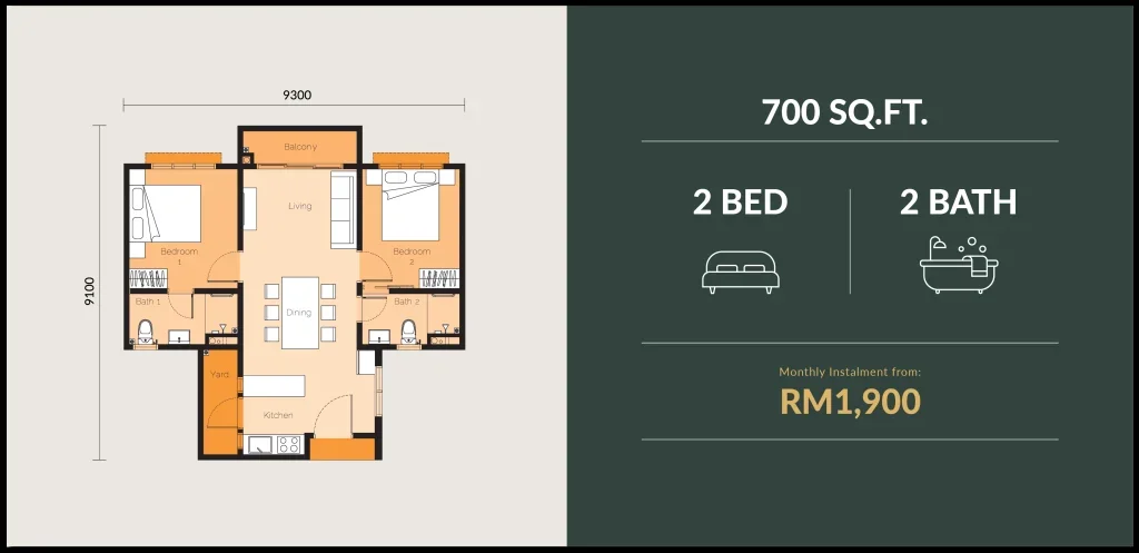 The Wyn Residences 700 sq ft floor plan — 2 bedrooms, 2 bathrooms