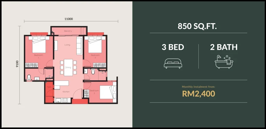 The Wyn Residences 850 sq ft floor plan — 3 bedrooms, 2 bathrooms