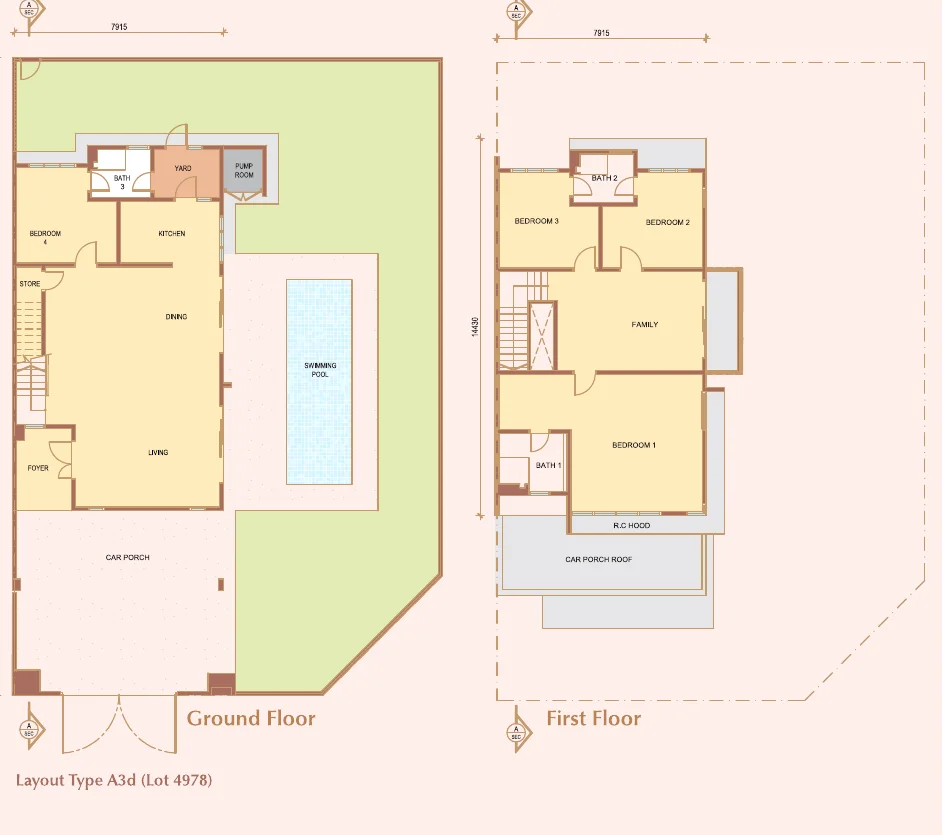 Tilia Residence exclusive corner lot floor plan with swimming pool — 2,806 to 3,131 sq ft