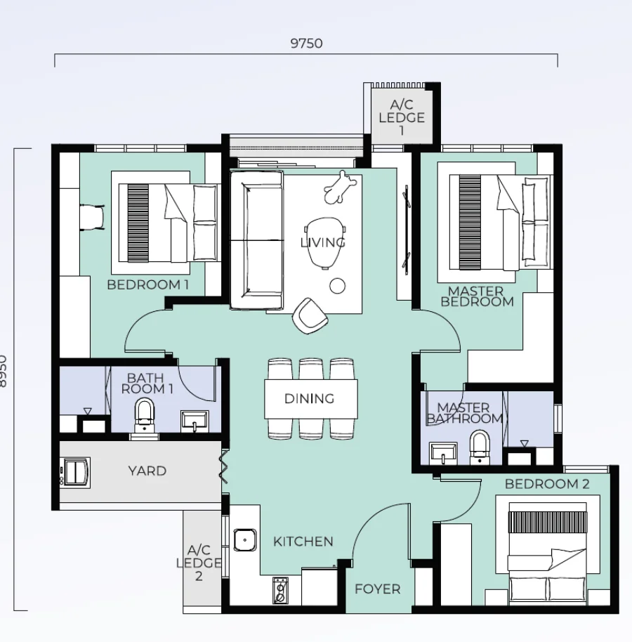 Trinity Nordic Type A floor plan — 937 sq ft, 3 bedrooms