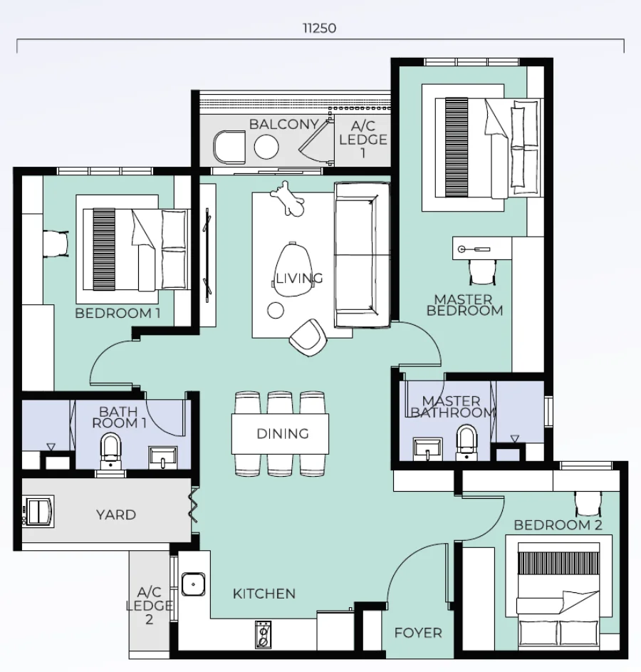 Trinity Nordic Type B floor plan — 1,077 sq ft, 3 bedrooms