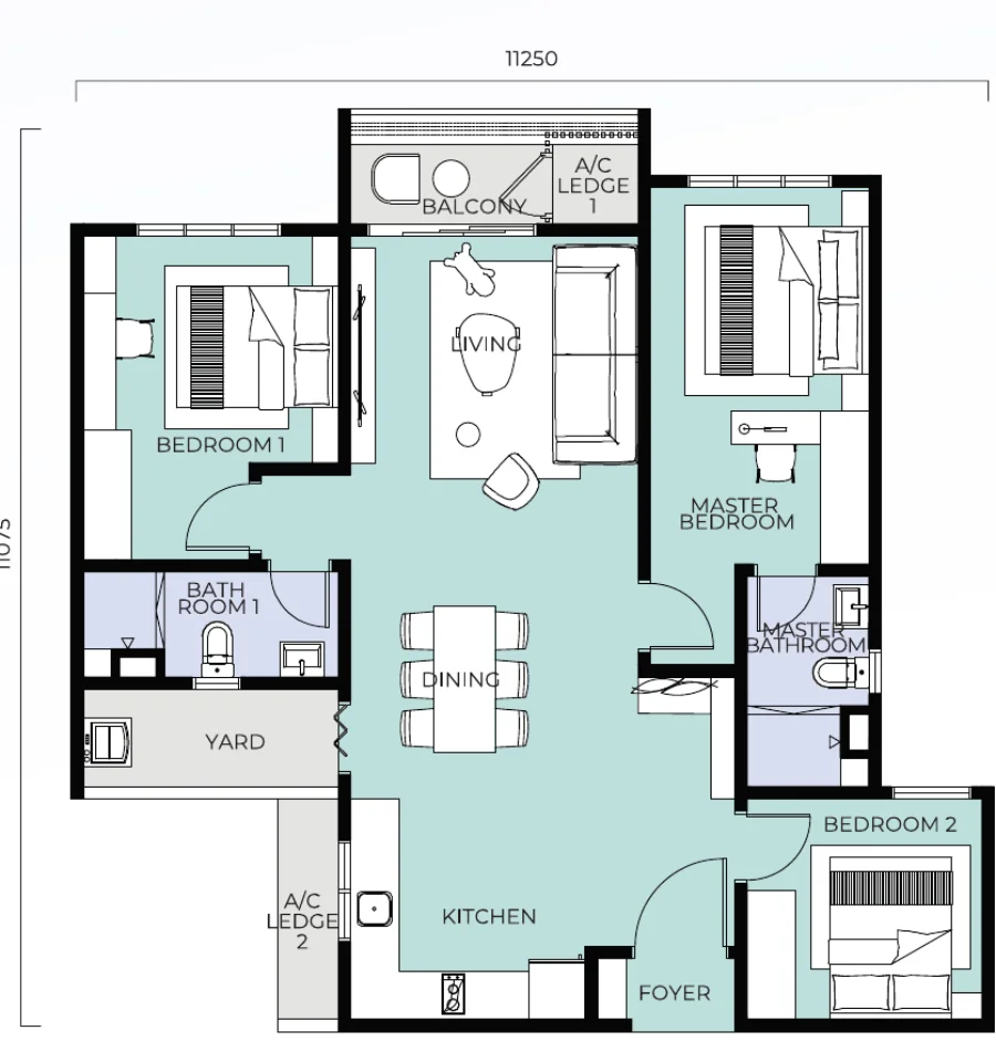 Trinity Nordic Type B(a) floor plan — 1,077 sq ft, 3 bedrooms