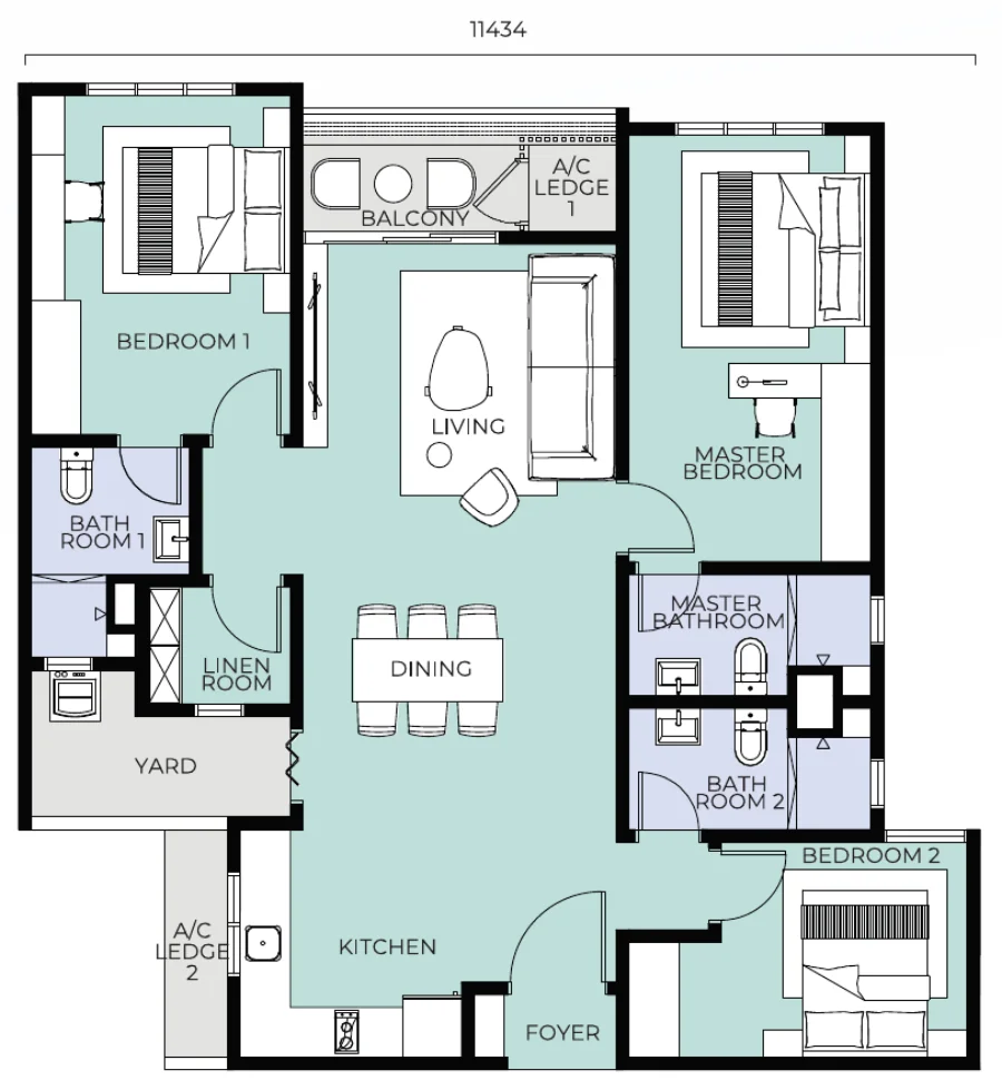 Trinity Nordic Type C floor plan — 1,228 sq ft, 3 bedrooms plus linen room