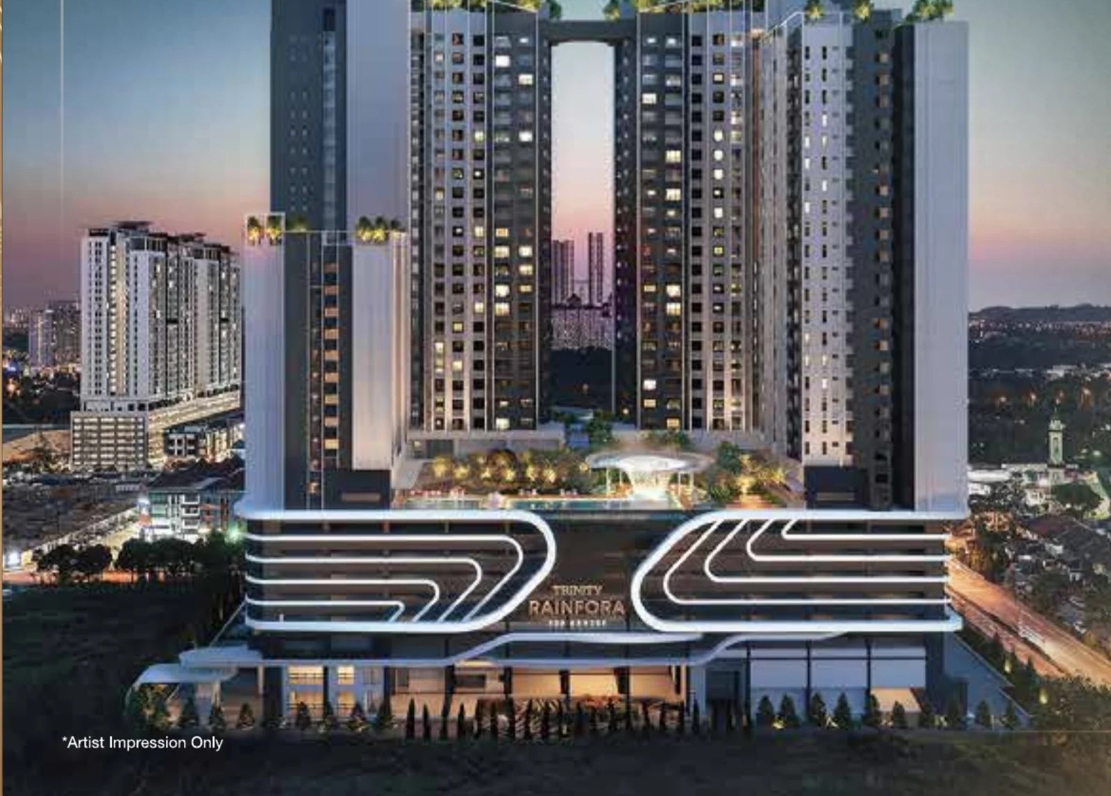 Trinity Rainfora Residences twin towers exterior at twilight, artist's impression