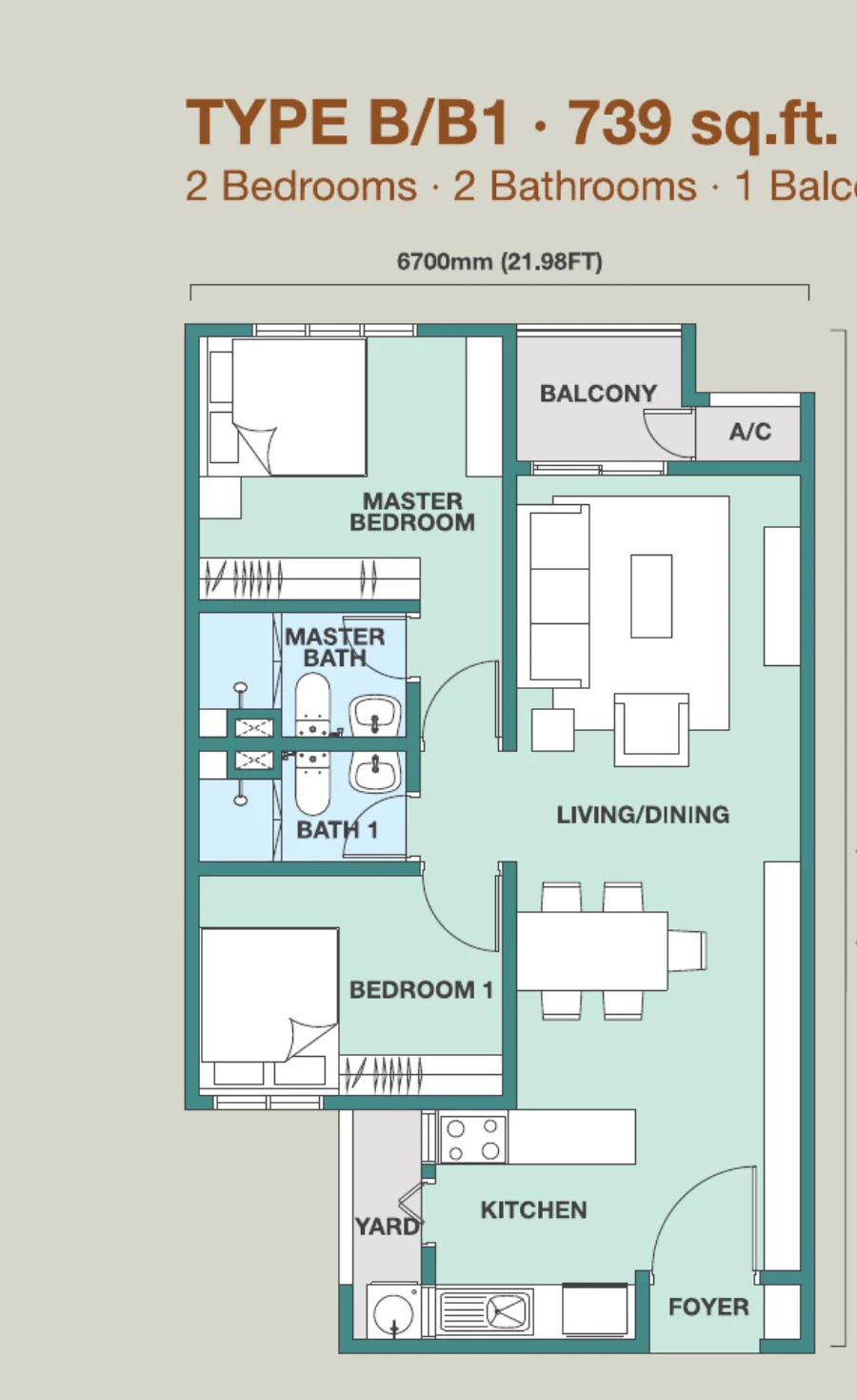 Trinity Rainfora Type B/B1 floor plan — 739 sq ft, 2 bedrooms