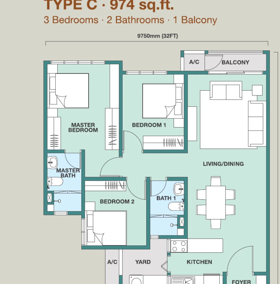 Trinity Rainfora Type C floor plan — 974 sq ft, 3 bedrooms