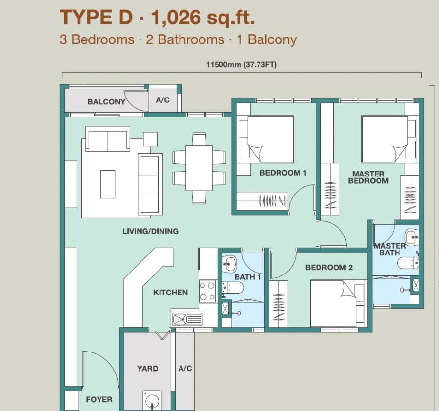 Trinity Rainfora Type D floor plan — 1,026 sq ft, 3 bedrooms