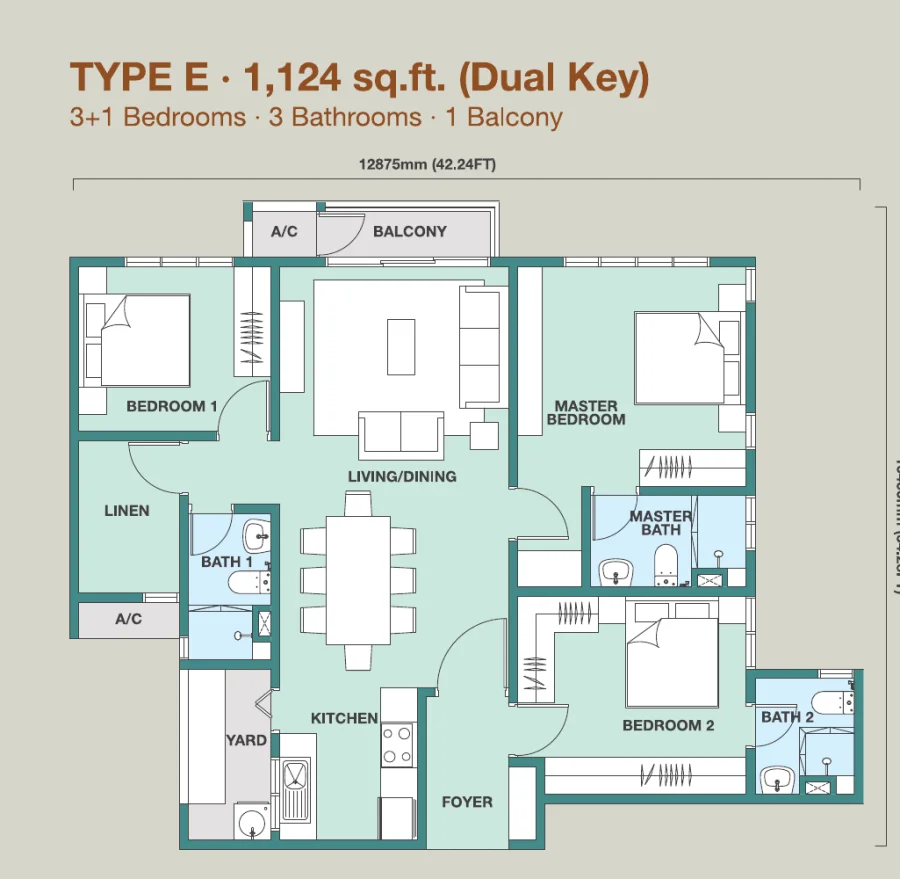 Trinity Rainfora Type E floor plan — 1,124 sq ft, dual key