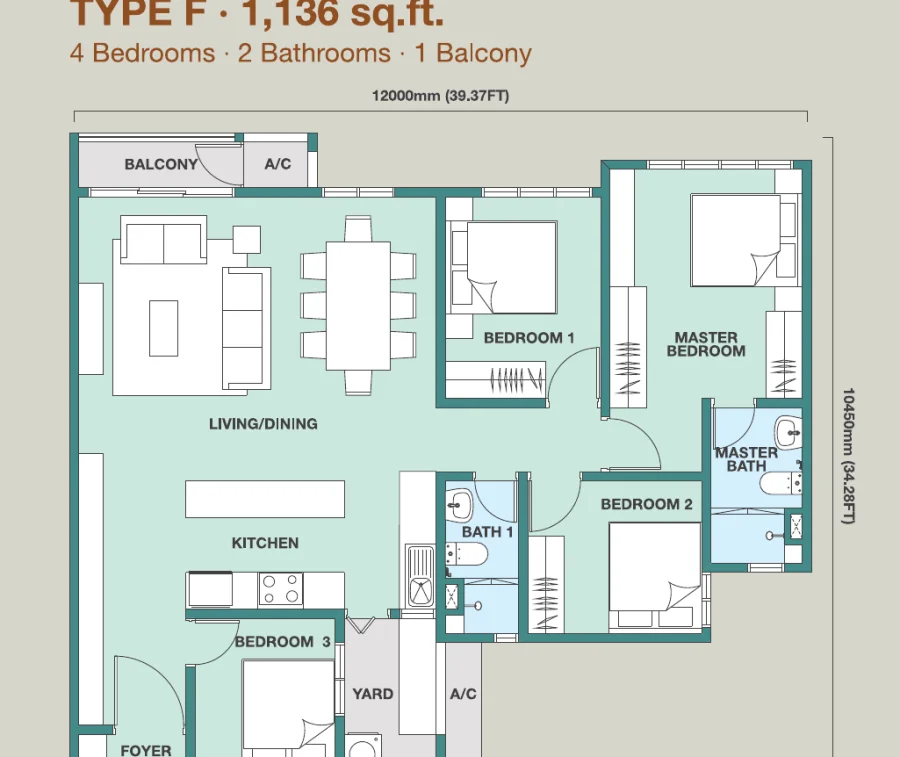 Trinity Rainfora Type F floor plan — 1,136 sq ft, 4 bedrooms