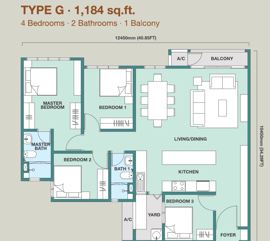 Trinity Rainfora Type G floor plan — 1,184 sq ft, 4 bedrooms