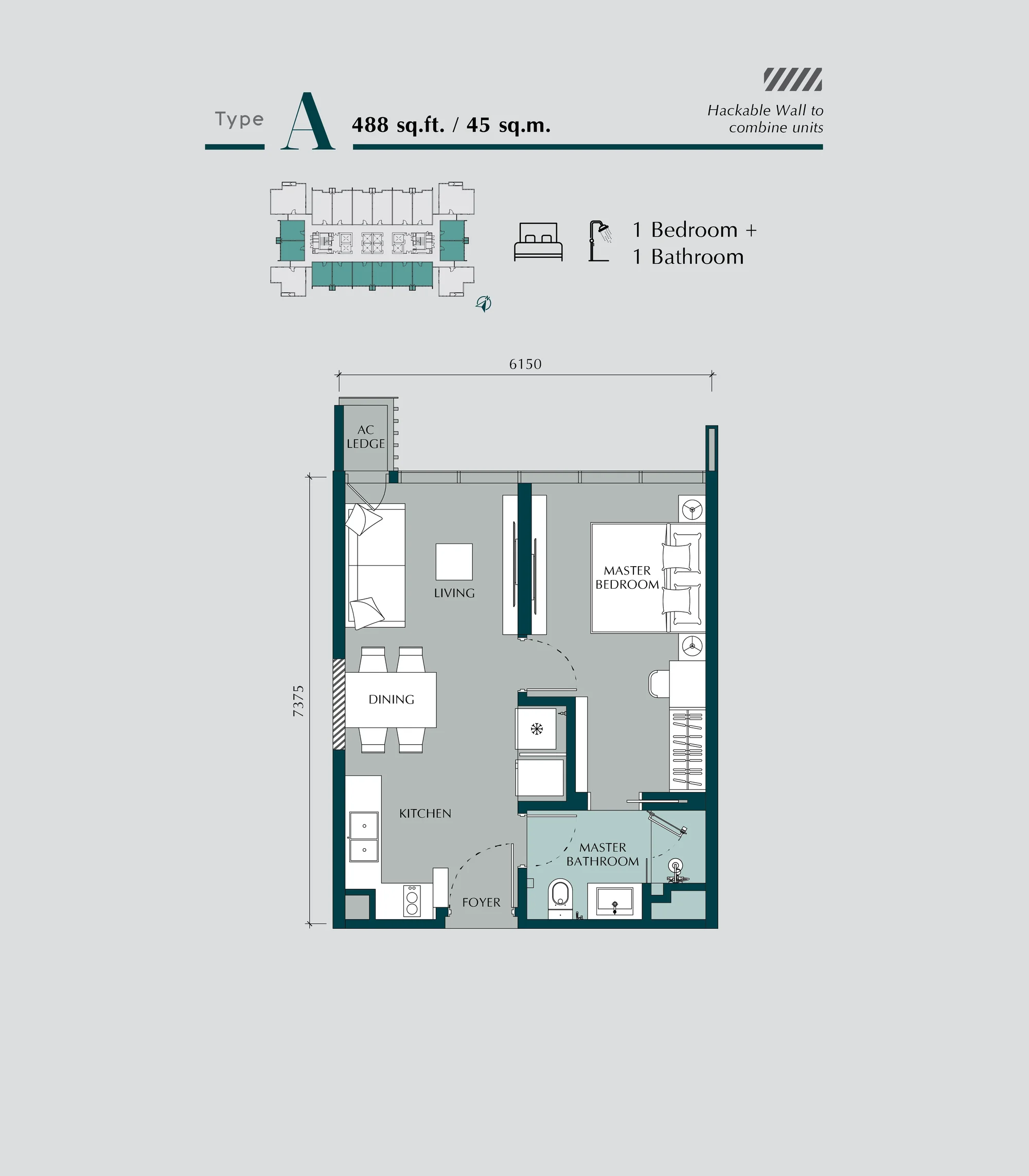 Times Square 2 Type A floor plan — 488 sq ft, 1 bedroom