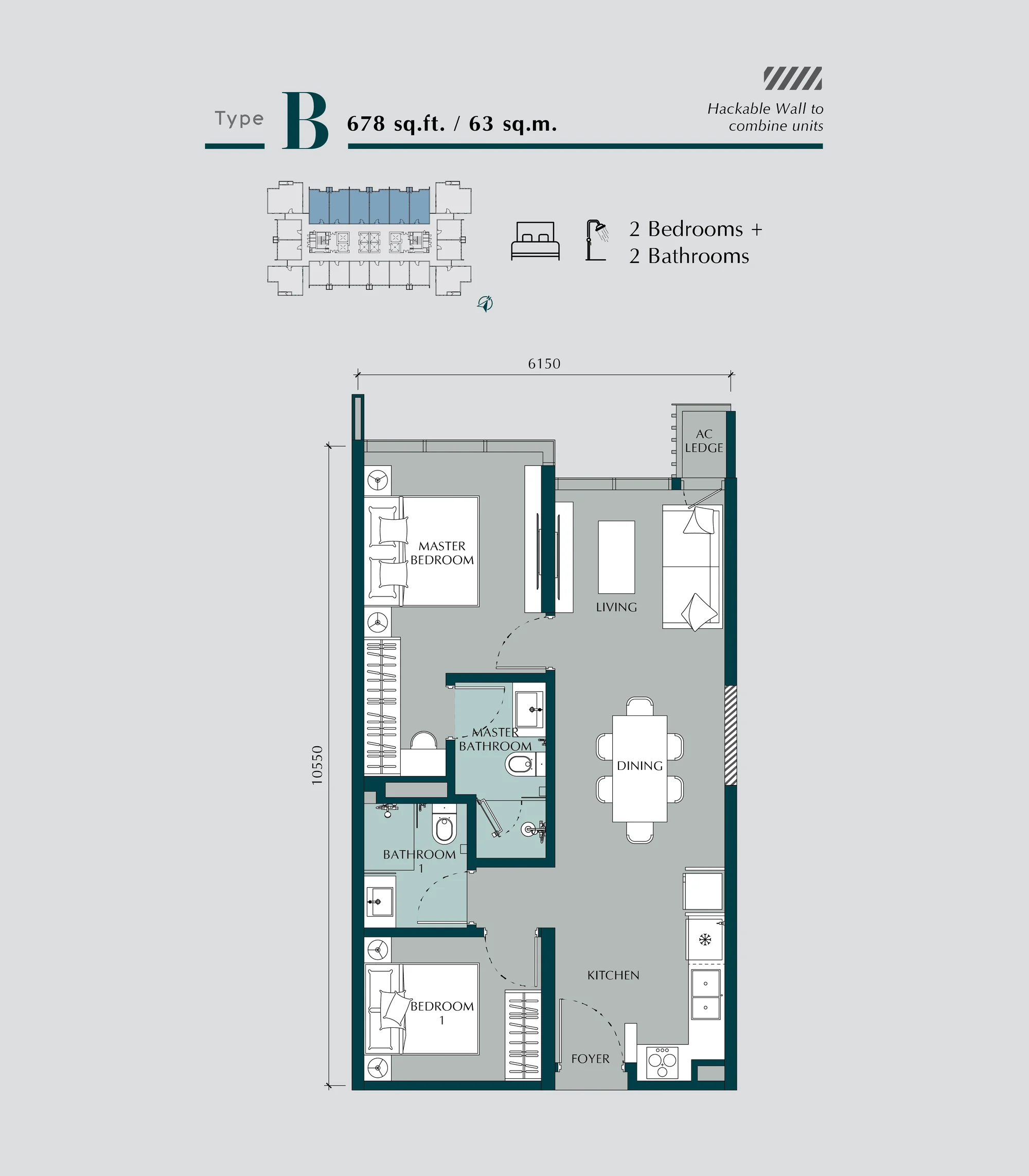 Times Square 2 Type B floor plan — 678 sq ft, 2 bedrooms