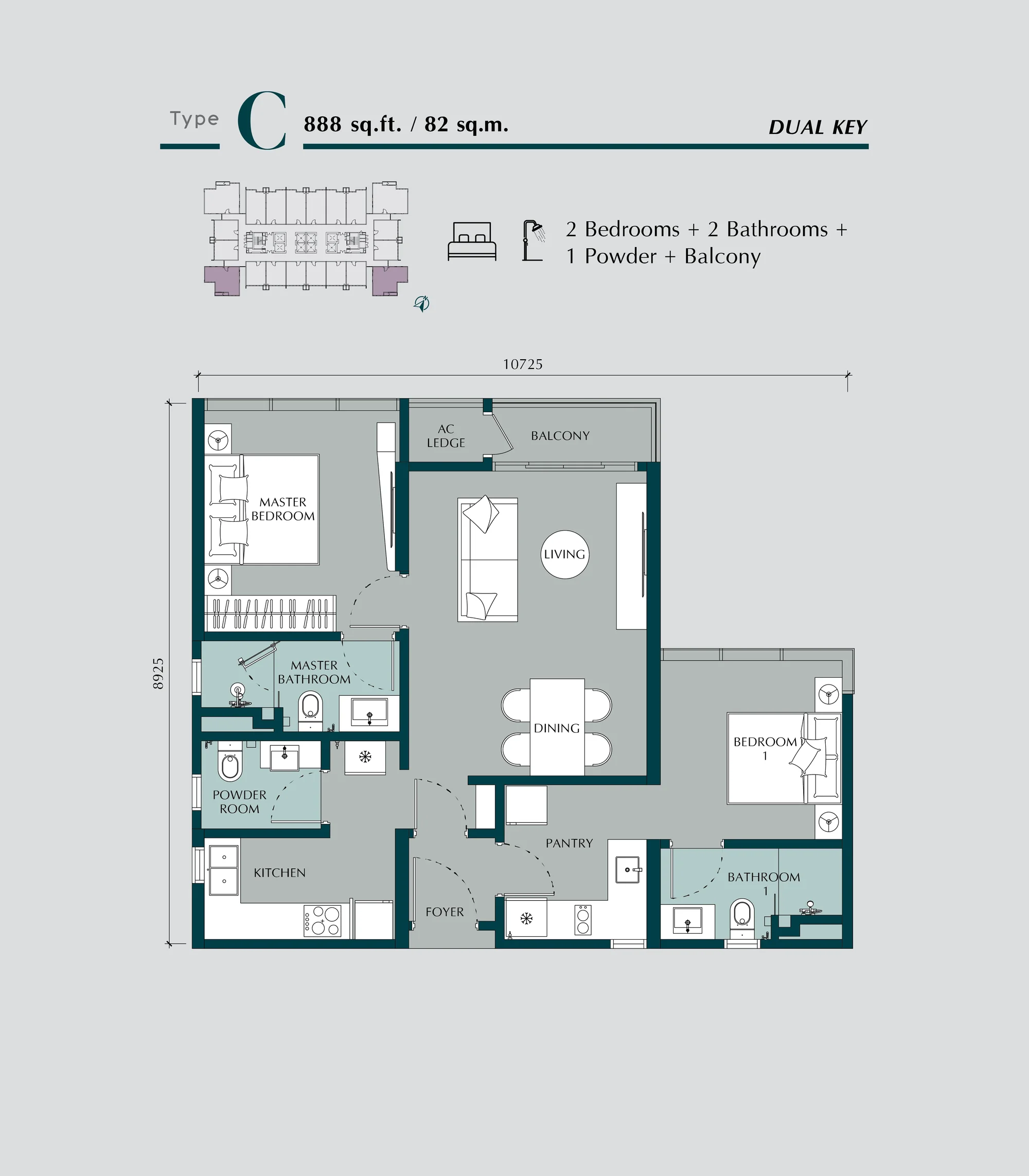Times Square 2 Type C dual-key floor plan — 888 sq ft, 2 bedrooms