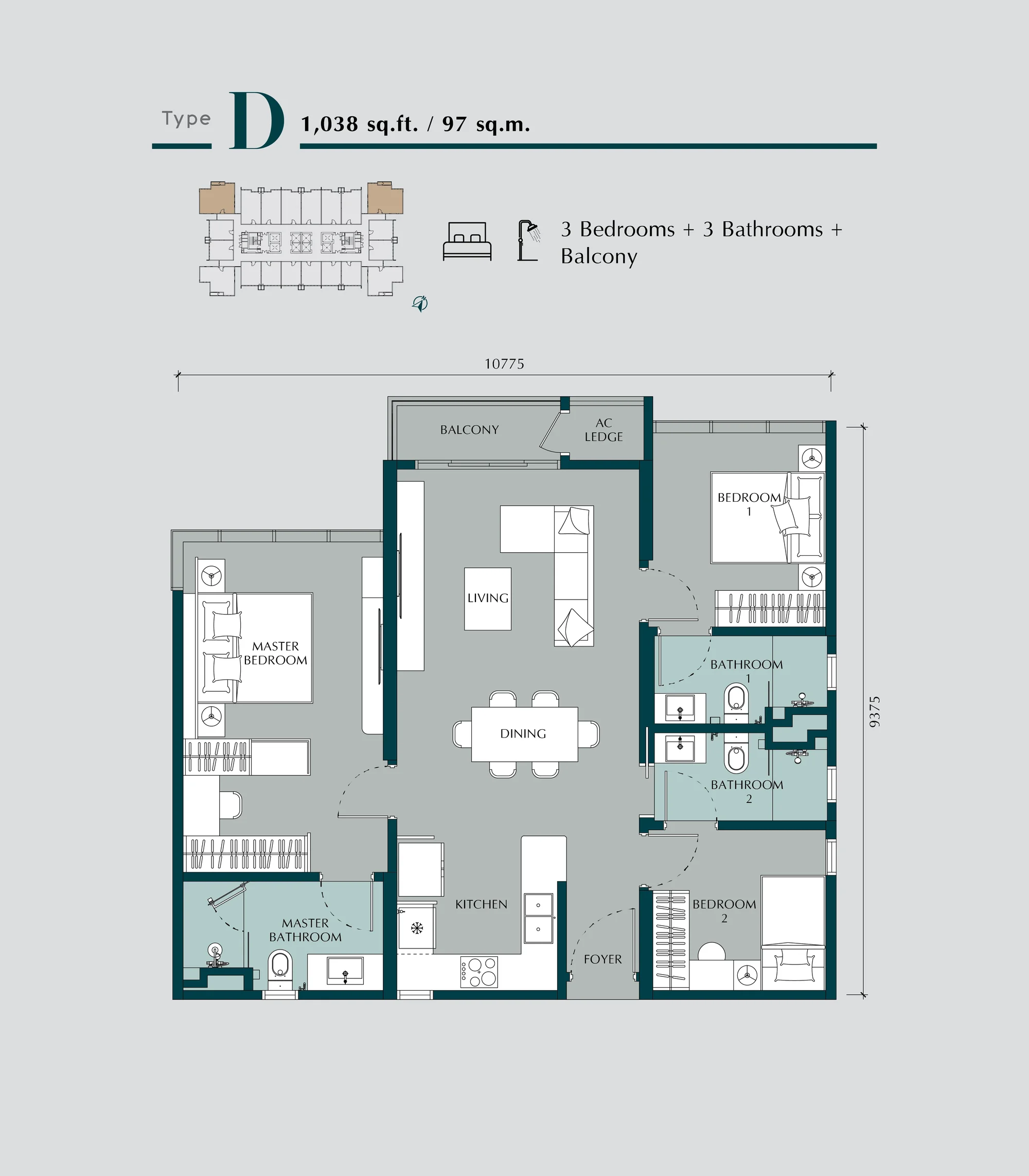 Times Square 2 Type D floor plan — 1,038 sq ft, 3 bedrooms