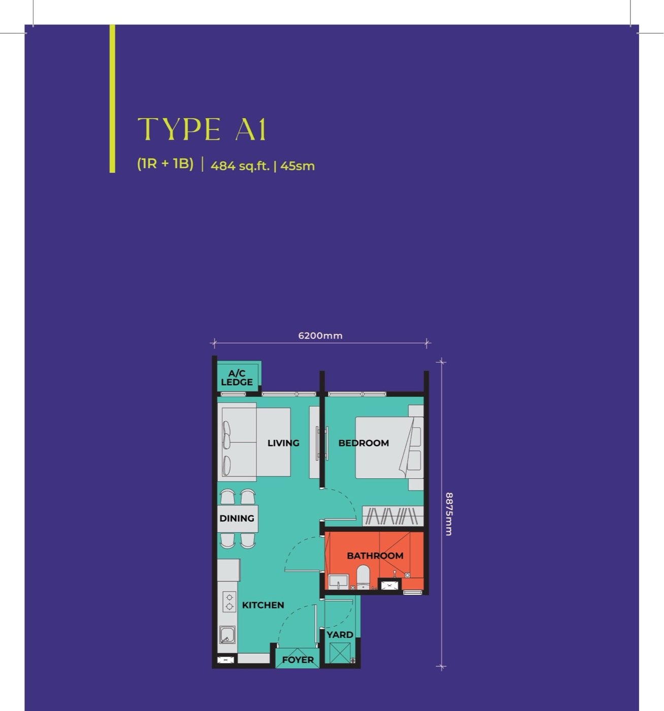 The Vividz @ Bukit Jalil Type A1 floor plan — 484 sq ft, 1 bedroom