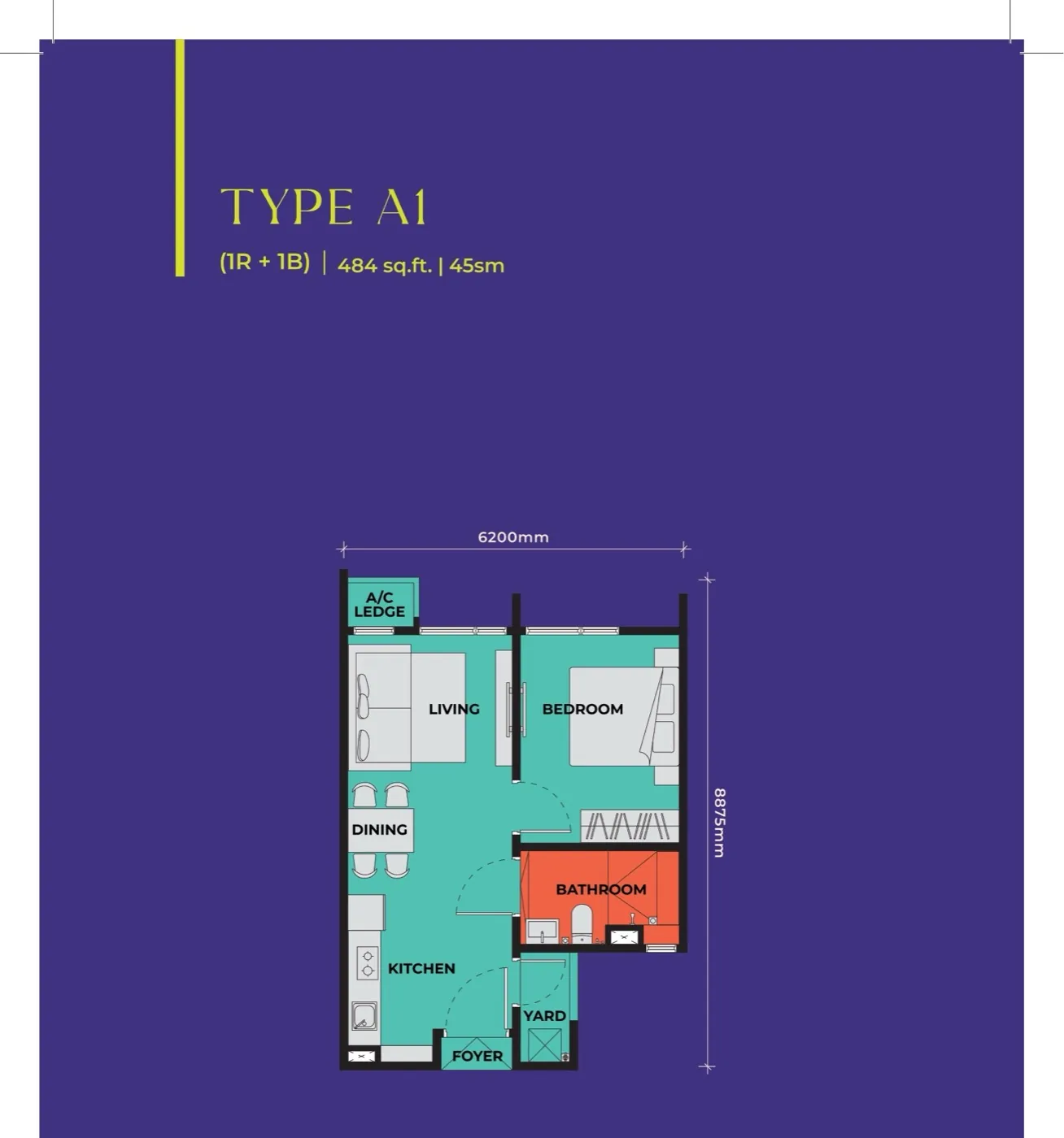 The Vividz @ Bukit Jalil Type A1 floor plan — 484 sq ft, 1 bedroom