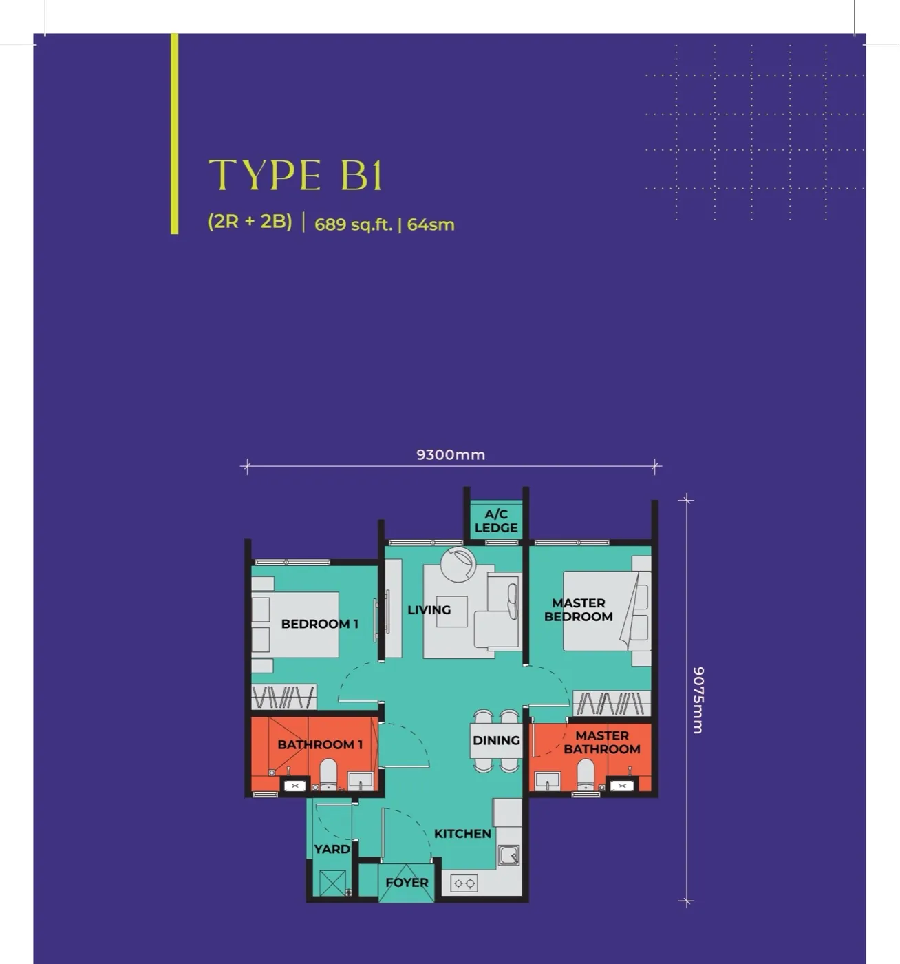 The Vividz @ Bukit Jalil Type B1 floor plan — 689 sq ft, 2 bedrooms