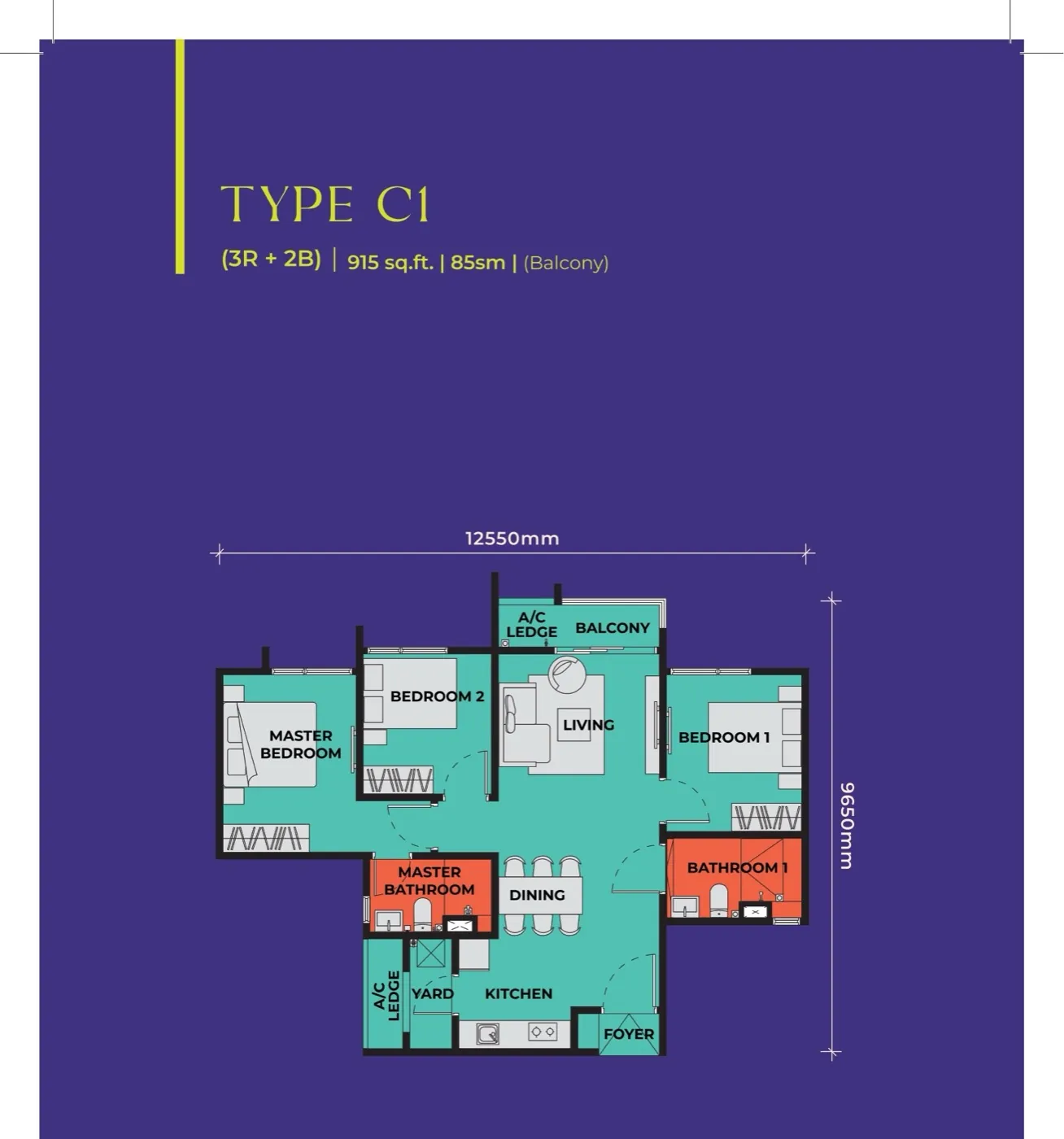 The Vividz @ Bukit Jalil Type C1 floor plan — 915 sq ft, 3 bedrooms, with balcony
