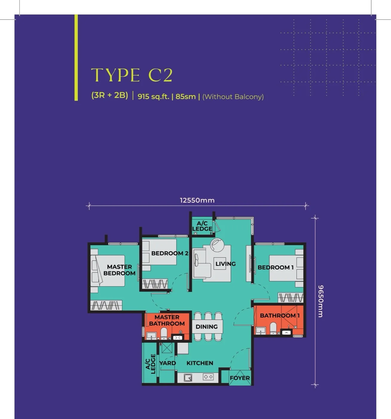 The Vividz @ Bukit Jalil Type C2 floor plan — 915 sq ft, 3 bedrooms, without balcony