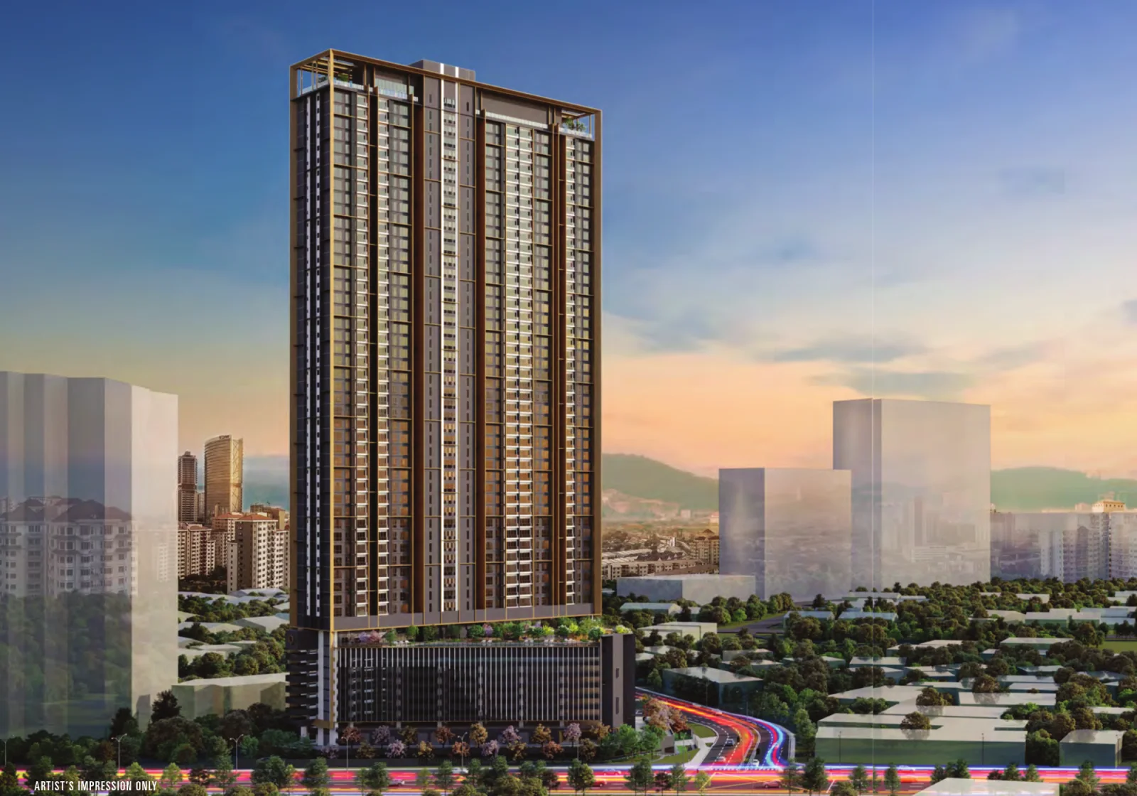 Vox Residence tower exterior at dusk, artist's impression