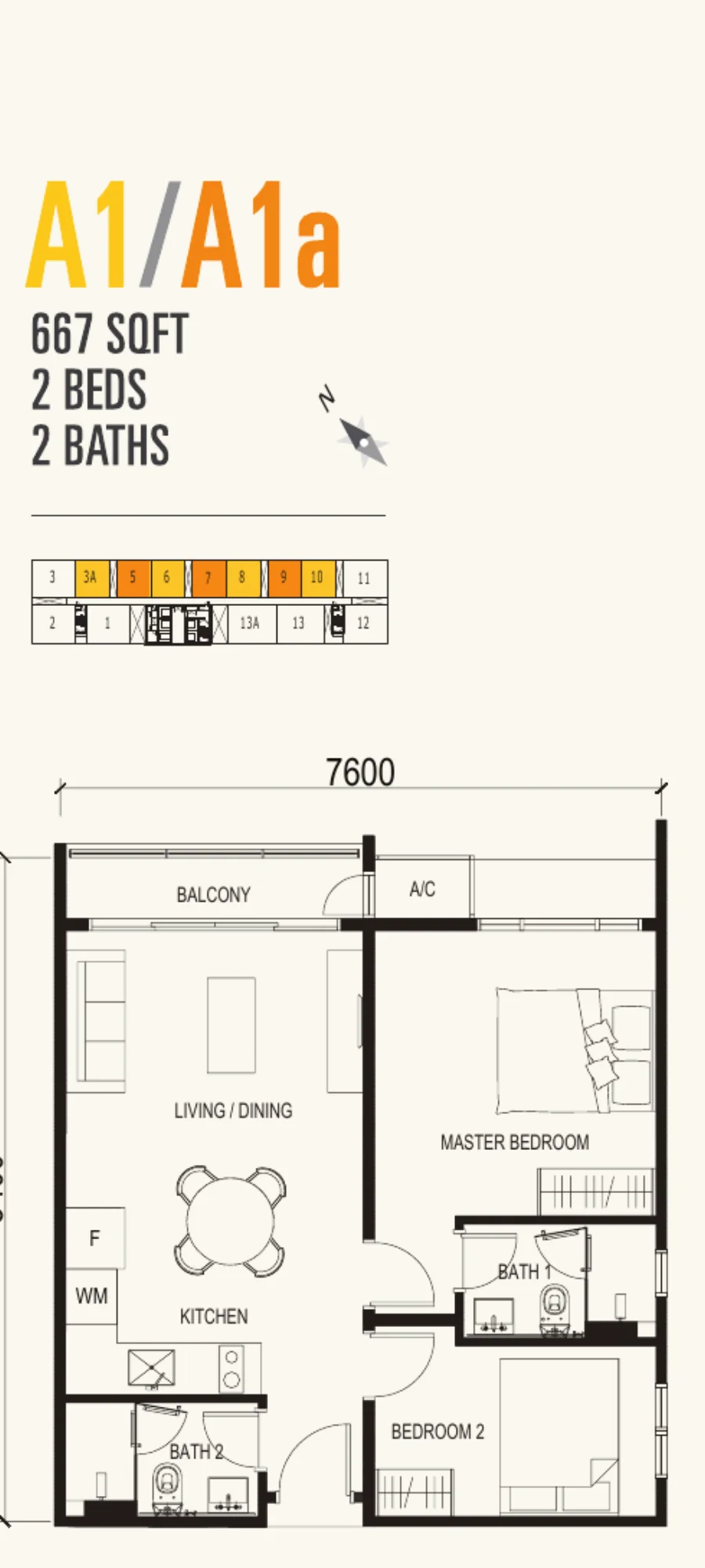 Vox Residence Type A1/A1a floor plan — 667 sq ft, 2 bedrooms