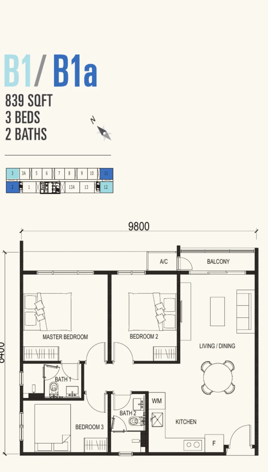 Vox Residence Type B1/B1a floor plan — 839 sq ft, 3 bedrooms