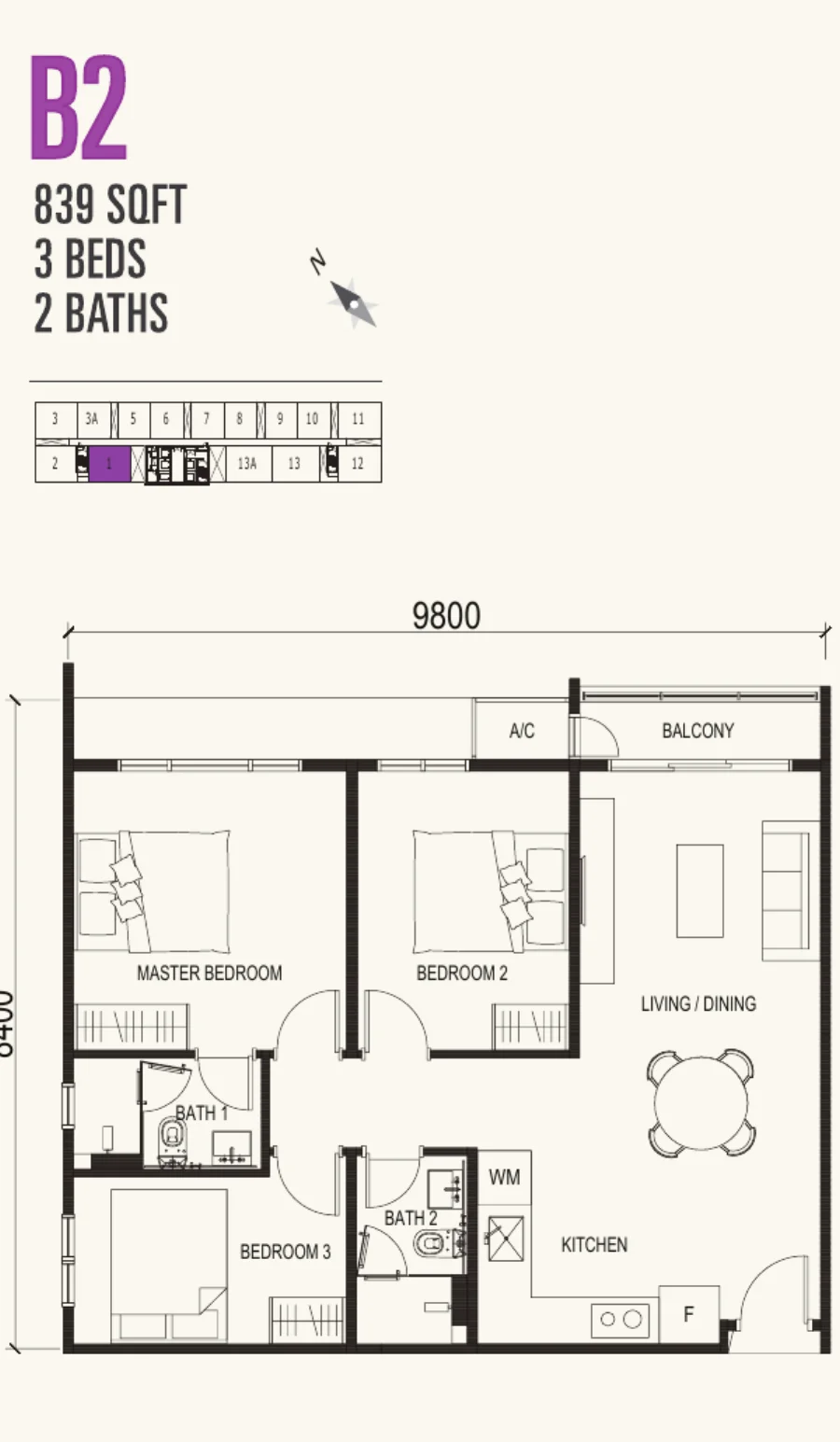 Vox Residence Type B2 floor plan — 839 sq ft, 3 bedrooms