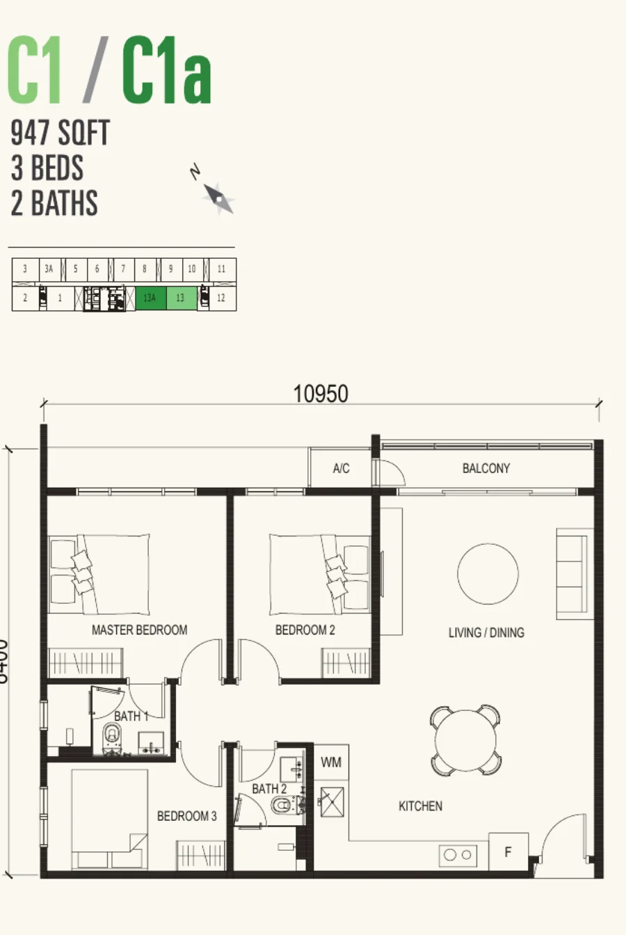Vox Residence Type C1/C1a floor plan — 947 sq ft, 3 bedrooms