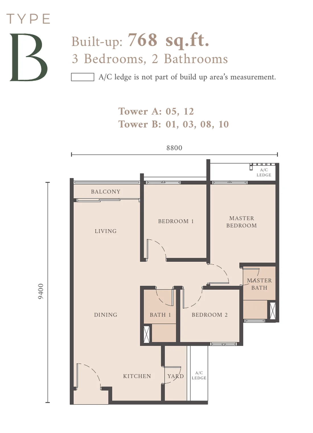Westfield Residences Type B floor plan — 768 sq ft