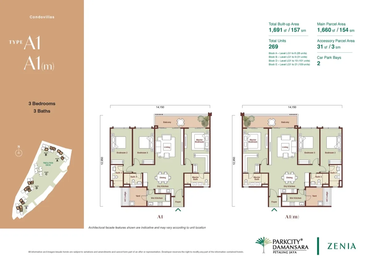 Zenia Condovillas Type A1 floor plan — 1,691 sq ft, 3 bedrooms