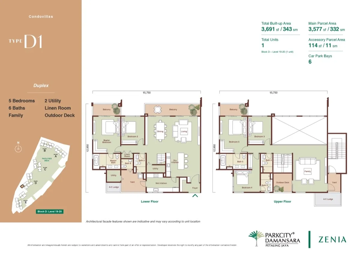 Zenia Condovillas Type D1 duplex floor plan — 3,691 sq ft, 5 bedrooms