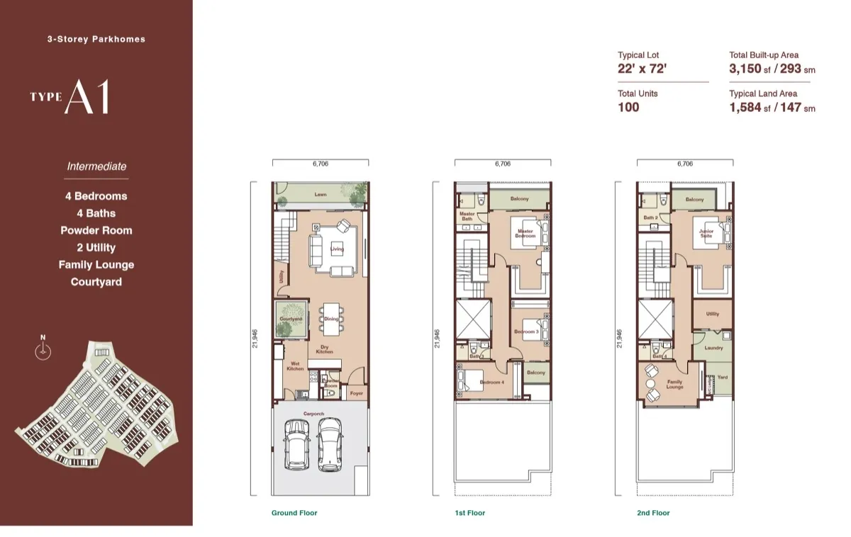 Zenia Parkhomes Type A1 floor plan — 3,150 sq ft, 4 bedrooms